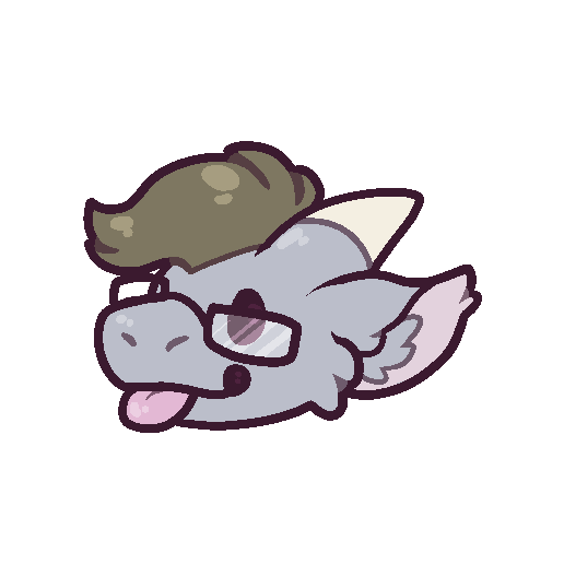 A picture of a grey dragon character with grown hair, glasses, and a smile!